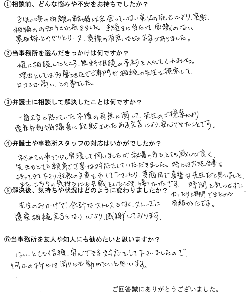 疎遠だった実父の相続通知が届いた──負債リスクを整理し、代償金の受領まで行なった依頼者アンケート用紙