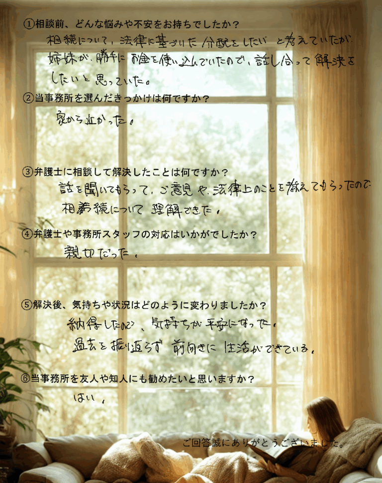 広島で相続のご相談をいただいたお客様の声アンケート用紙。親族による預金の使い込み（使途不明金）が発生した相続案件について、弁護士法人あさかぜ法律事務所 広島駅前事務所での解決経過とご感想（法的見地からの整理・気持ちの平安・前向きな生活への変化）が手書きで記載されている。