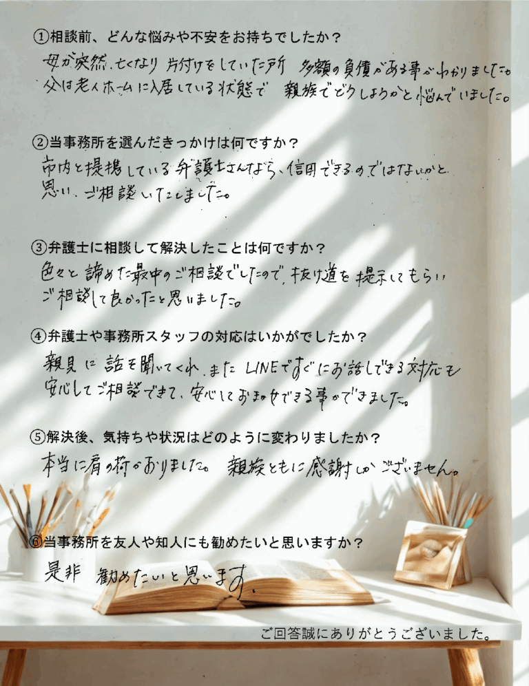 「あさかぜ法律事務所お客様の声アンケート用紙：相続放棄案件のご相談者様（母の急逝後に多額の負債が判明したケース）から、相談前のお悩み・解決内容・スタッフ対応・解決後の感想についていただいたご回答」