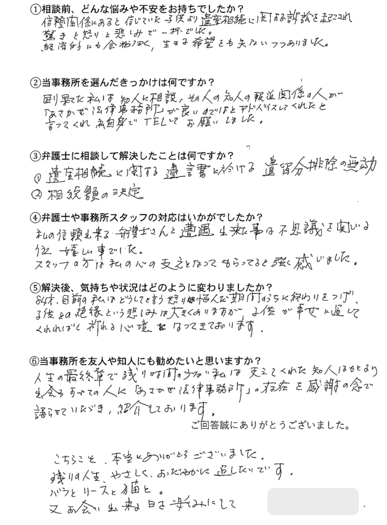相続廃除は認められず、家庭裁判所での廃除審判申立て（遺言廃除）は却下されました。これによりご依頼者の相続人たる地位が正式に回復。引き続き遺留分侵害額請求の手続にも素早く移行し、相応の金額の確保へとつながりました。